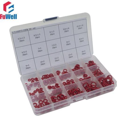 300pcs O Ring Seal Kit 15 Different Sizes Red Silicon O-ring Sealing Gasket Assortment Set with Plastic Case