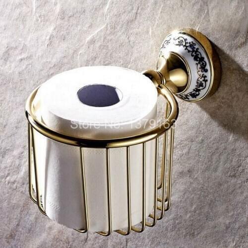 Bathroom Accessories Polished Gold Brass Ceramic Flower Wall Mounted Toilet Paper Roll Holder Shower Storage Basket aba257