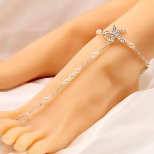 New Beach Footwear Pearl Pop Rice Bead Starfish Anklet Handmade Toe Chain beach jewelry