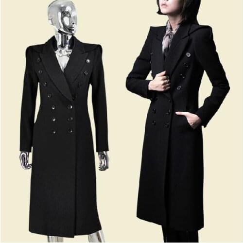 Winter new black military uniform double-breasted maxi winter coats wool woolen long trench coat