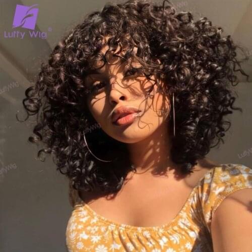 Short Curly Human Hair Wigs With Bangs For Black Women Brazilian Remy Hair Bouncy Curly Scalp Top Wig Glueless 200 Density LUFFY