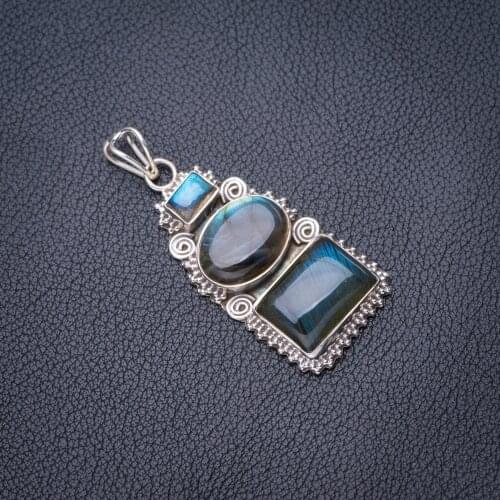 StarGems Natural Blue Fire Labradorite Handmade 925 Sterling Silver Pendant 2" E3763