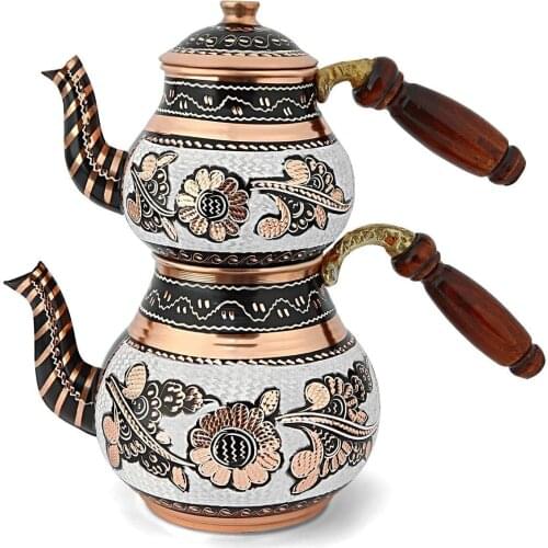 Turkish Copper Teapot Decorative Handwork Wood Handle Medium Size Copper Teapot Kettle Kitchen Tea Set Traditional Coffee Boiler