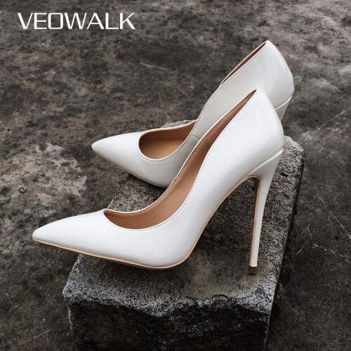 Veowalk Women Super High Heels Sexy Thin Heels Pumps White Patent Leather Pointed Toe Party/Wdding Stilettos Shoes For Woman