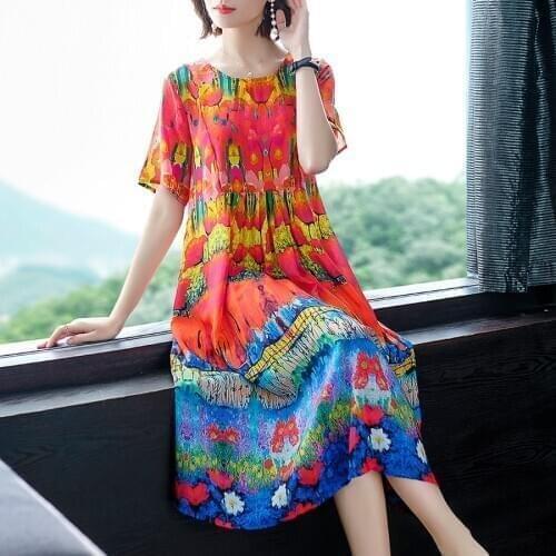 2021 Spring Summer Red Mulberry Silk Dresses 3XL Plus Size Vintage Print Runway Midi Dress Elegant Women Bodycon Party Vestidos