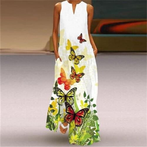 Summer 2021 Femme Long Dress Print Party Sundresses Vintage Sleeveless V-Neck Casual Robe Plus Size Vestidos Women Dresses