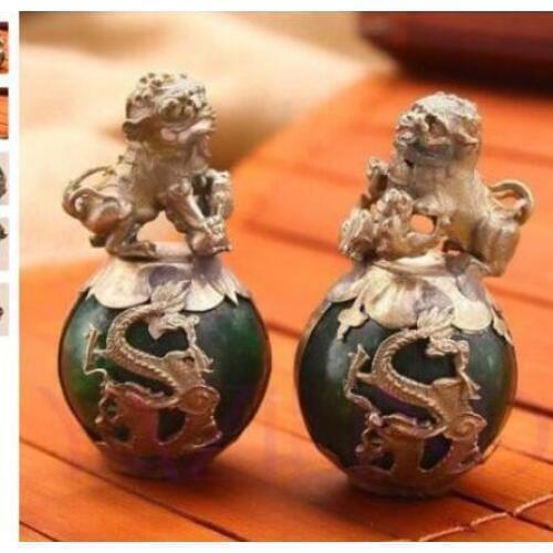 1 Pair Tibet Silver Dragon Turquoise Phoenix Ball Foo Fu Dog Guardion Lion Pair Statue Crafts Tibetan Silver decoration