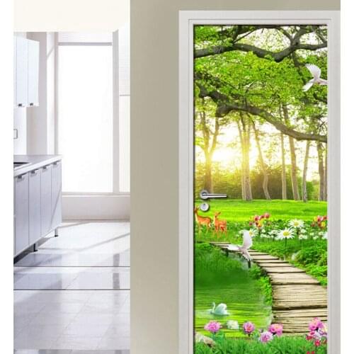3D Green Forest Natural Landscape Door Stickers DIY Mural Bedroom Door Wall Paper Decor Poster PVC Waterproof Wall Sticker Decal