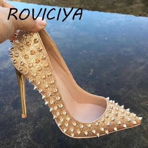 Glitter 12cm high heels shoes designer rivets shoes woman classicl pumps pointde toe party wedding silver gold MD017 ROVICIYA
