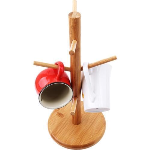 Tree Shape Wood Coffee Tea Cup Storage Holder Stand Home Kitchen Mug Hanging Display Rack Drinkware Shelf With 6 Hooks