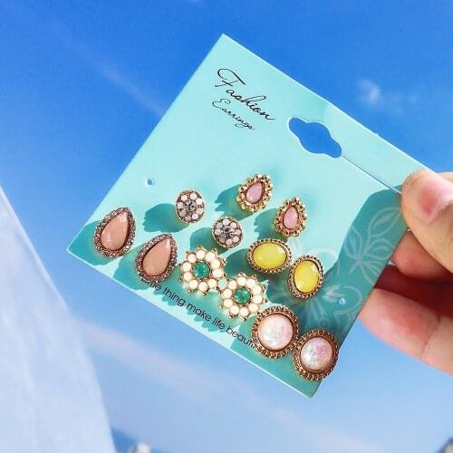 Wish express multi-element water drop drill flower earring earrings Aubao earring multi-piece set