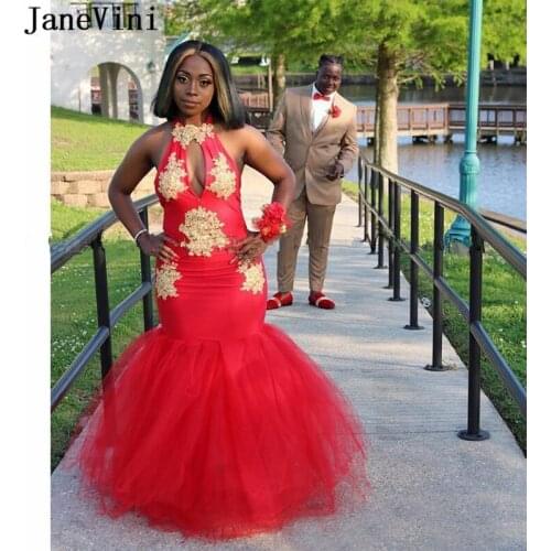 JaneVini Sexy Red Long Prom Gowns 2019 Halter Sleeveless Open Back Gold Applique Mermaid Tulle Prom Dress Custom Made for Women