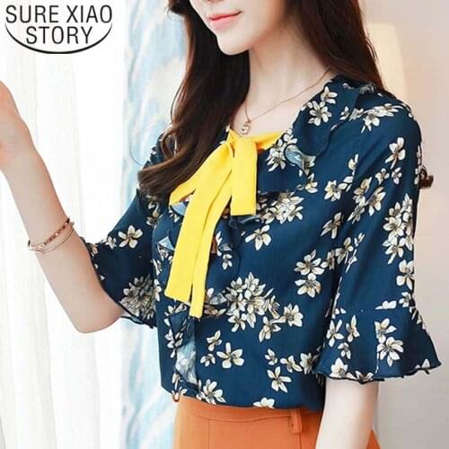 Korean fashion clothing 2021 ladies tops white shirt chiffon blouse off shoulder top bow Short Floral Butterfly Sleeve 3148 50