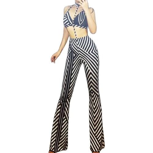 Neck-Mounted Flare Pants Bra Two-Piece Suit Black And White Stripes Theatrical Costume For Women Nightclub Dance Show Wear