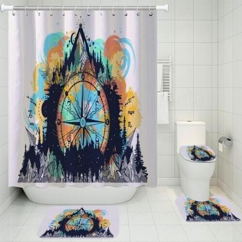 Blue Ocean 3D Printing Compass Shower Curtains Sets Nautical Artifact Carpet For Gift Toilet Mat Bathroom Non-slip Set 3/4Pcs