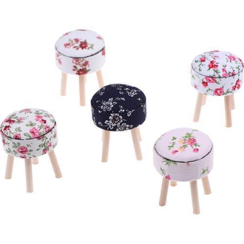 Round Floral Stool Chair ACC for Dolls House Decor Kids Children Pretend Play Toy 1/12 Scale Dollhouse Miniature Furniture