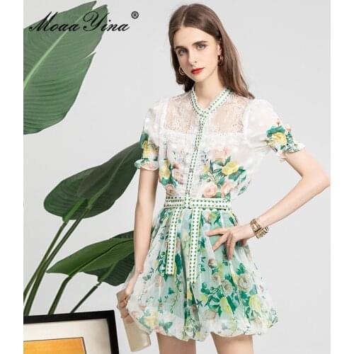MoaaYina Fashion Designer Summer Skirts Suit Womens Short sleeve Single-breasted Shirts and Floral Short Skirts 2 Pieces Set