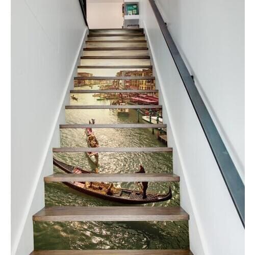 13pcs/set 3D Stair Stickers Waterproof Removable Self-adhesive Wall Floor Stickers Decals Home Decor Lake Boat Scenery 18*100cm
