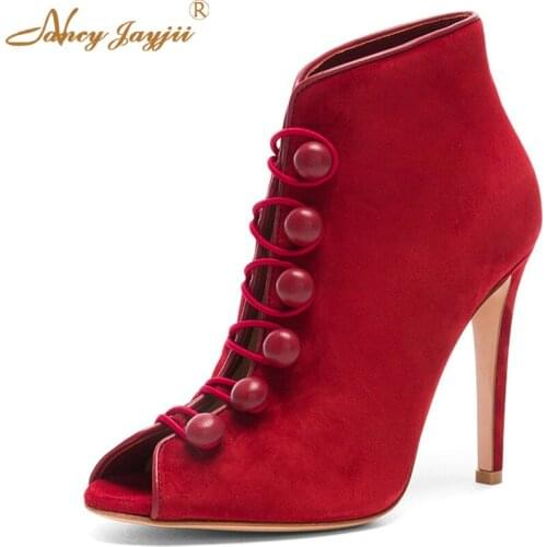 Handmade Red Black Button Soft Genuine Leather Peep Toe High Heels Ankle Boots Shoes for Woman Zapatos Mujer Button Nancyjayjii