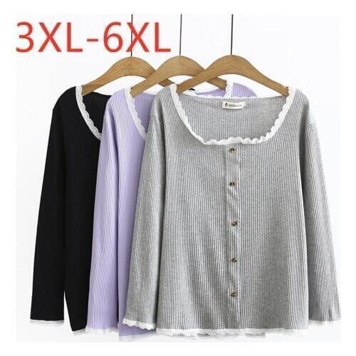 New ladies autumn winter plus size basic tops for women large long sleeve slim cotton elastic gray lace T-shirt 3XL 4XL 5XL 6XL