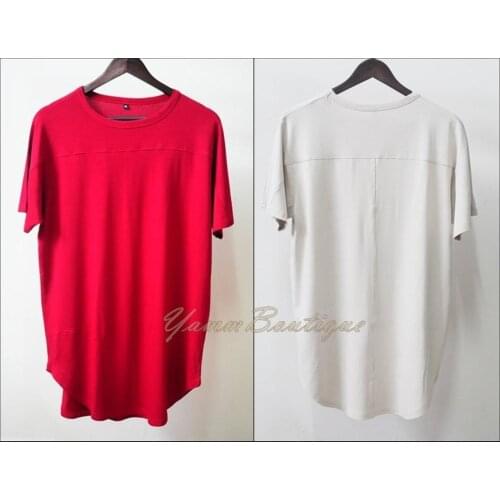 Shoulder Stitching Mens Wide Neck Elongated Short Sleeve with Long Asymmetric Hem Tshirt /Extended Essentials Lengthen Long Tee
