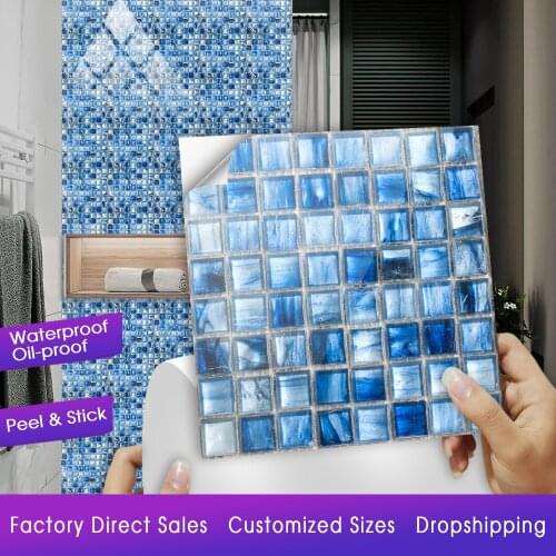 10pcs/set 10/15/20/30cm 2D Flat Blue Marble Mosaic Hard Tile Wall Sticker Kitchen Bathroom Wallpaper Home Decor Art Mural Poster