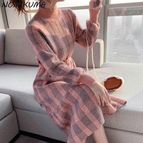 Nomikuma Turtleneck Knitted Dresses Women Autumn Winter 2021 New Basic Sweater Dress Elegant High Waist A-line Vestidos 6Z073