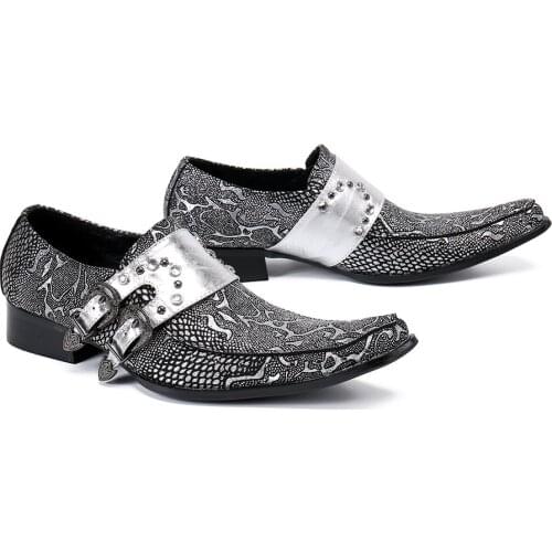 Silver Pattern Rivets Party Men Shoes Genuine Leather Buckle Men Dress Shoes Monk Strap Oxford Leather Shoes Sapato Masculino