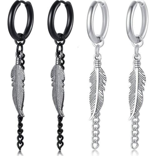 Unique Mens Long Chain Earrings Black and SilveryStainless Steel Feather Bar Earrings Mens Gifts Mens Earrings