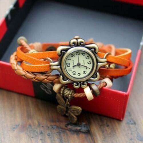 Vintage Butterfly Jewelry Watch Women Retro Rivet Braided Bracelet Leather Strap Lady Bracelet Watch