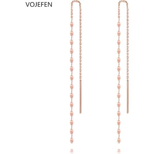 VOJEFEN AU750 18k Rose Gold Cute Dainty Threads Long Chain Dangle Earings | 3 Sizes Pure Golden Link Tassel Earrings for Women
