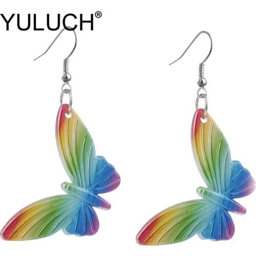 YULUCH Women Plastic Colorful Insect Rainbow Butterfly Long Pendant Earrings For Lady Fashion Jewelry Ethnic Indian Big Earrings