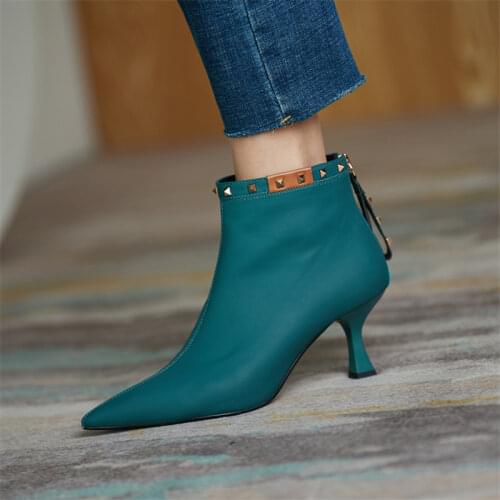2021 blue Fashion Pointed Toe Thin High Heels Women Ankle Boots Top Quality Genuine Leather Sexy Elegant Party Prom Shoes