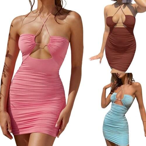 Women Close-fitting Hollow Out Dress, Solid Color Halter Neck Sleeveless Dress, Brown/ Blue/ Pink