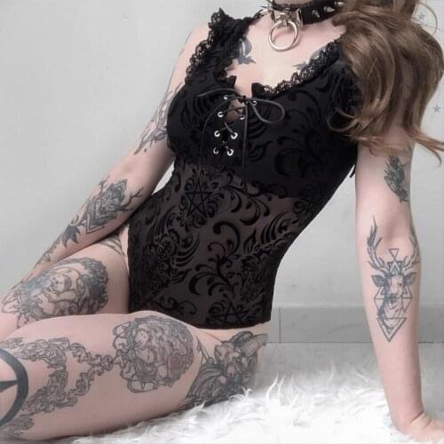 S-xxl Women Gothic Style Bodysuit Sexy Mesh Bodysuit Romper Adults V-neck Lace See-through Sleeveless Wear a bottoming shirt on