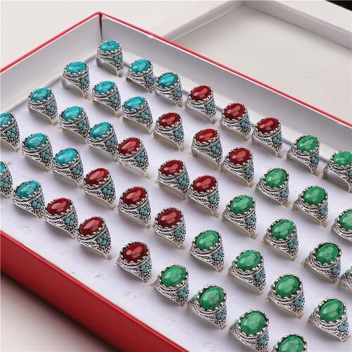 20pcs/lot Vintage Multicolor Turquoises Natural Stone Antique Silver Color Metal Rings For Women Wedding Party Jewelry Gifts Who