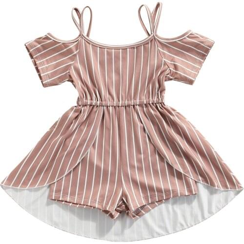 2021 1-6Y Fashion Toddler Baby Girls Romper Dress Striped Print Off Shoudler Short Sleeve Tunic Playsuit Summer A-line Dress
