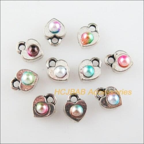 30 New Tiny Heart Charms Mixed Acrylic Pendants Tibetan Silver Tone 6x7.5mm