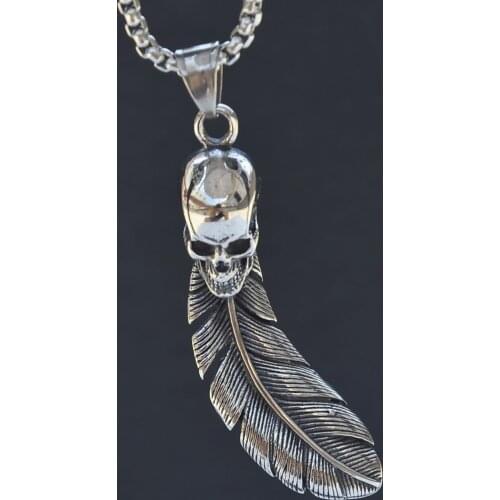 AsJerlya Fashion Vintage Skull Feather Pendant Stainless Steel Man Long Necklace, Women And Men Jewelry Wholesale Dropshipping
