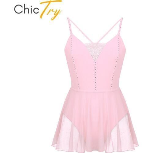 ChicTry Adult Spaghetti Straps Shiny Rhinestone Bodysuit Gymnastics Leotard Women Ballet Tutu Figure Skating Dress Dance Costume