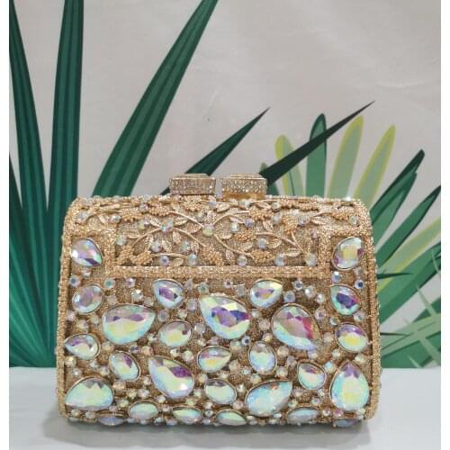 Lady AB GOLD Rhinestone Diamond Party Clutches Bags Ladies Gold Metal Clutch Bag Wedding Bridal Purse Gift Long Chain Handbags