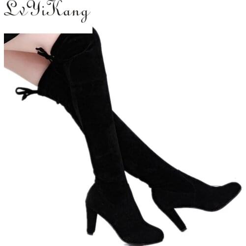 Women Boot Faux Suede Over The Knee Boots Lace Up Sexy High Heels Shoes Woman Female Slim Thigh Botas 35-43 Thigh High Boots