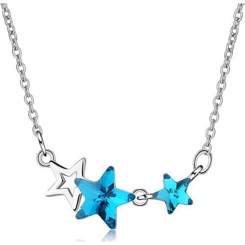 Double Blue Star Artificial Crystal Pendant Necklace Hollow Silver Color Chain Necklaces Chokers Valentines Day Gifts For Women