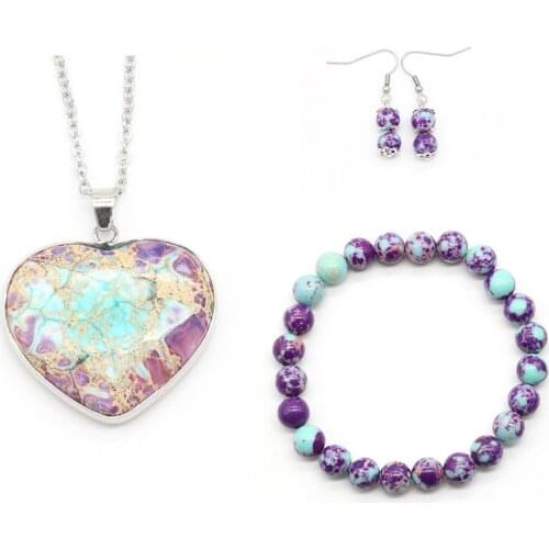 Purple and Blue Big Love Heart Pendant Necklace Bracelet Earrings Sets Handmade Beads Women Jewelry 2020 New GS007