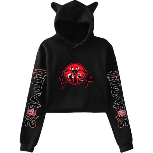 Helluva Boss Print Cat Cropped Hoodies Girl Long Sleeve Hooded Pullover Crop Tops Sweet Sexy Loose Tide Style Coats 2021