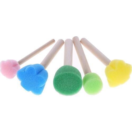 5pcs/set DIY Wooden Sponge Yellow Paint Brush Paint Brush Wooden Handle Seal Sponge Brush Childrens Painting Tool