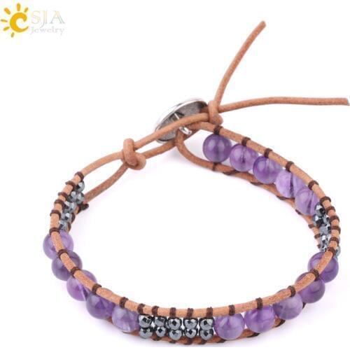 CSJA Leather Braided Bracelet Natural Stone Purple Crystal Pink Quartz Hematite Bracelets Button Cuff Bangles for Men Women F624