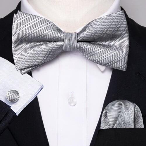 Barry.Wang Fashion Gray Solid Bow Ties For Men Silk Butterfly Pre-Tied Bow Tie Pocket Square Cufflinks Suit Set Floral Bowtie