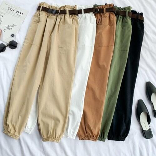 KJMYYX 2019 New Spring Autumn Pants casual wild solid color pocket female BF tooling high waist pants women
