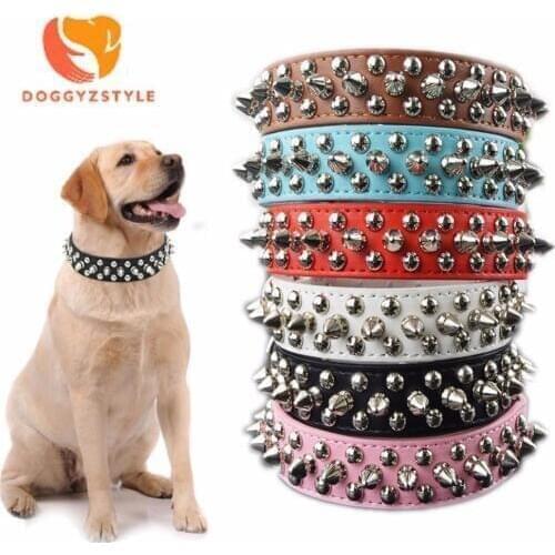 Pet Dog Rivet Collars PU Leather Round Bullet Nail Studded Necklace Spiked Strap Punk Style Small Dogs Cat Collar 6 Colors